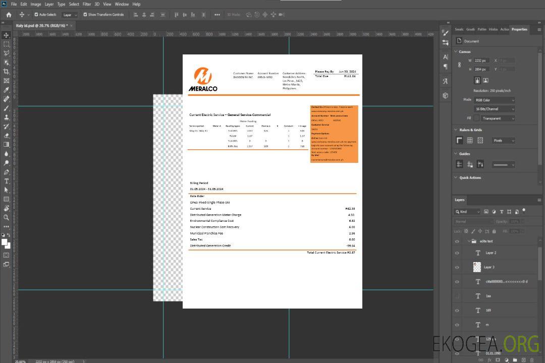 Modèle Word et PDF de facture de services publics d'électricité de la Philippines Manila Electric Company (Meralco) template